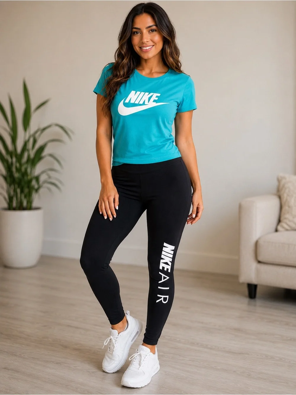 Nike Teal Logo Crop Tee with Black Nike Air Leggings women’s med outfit - Picture 1 of 1